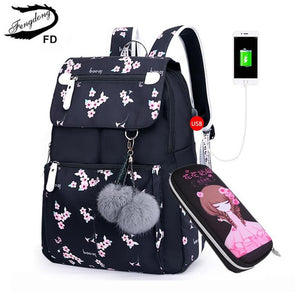 FengDong kids black pink floral school backpack children school bags for girls student girl cute pen pencil bag set dropshipping